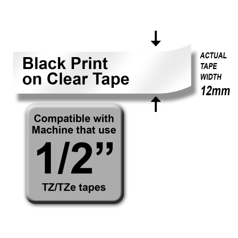 Brother TZe-131 Labelling Tape – Black on Clear, 12mm wide Standard Laminated
